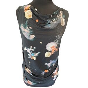 Bimba Y Lola Black Seashell Print Cowl Neck Ruched Sleeveless Top Size M